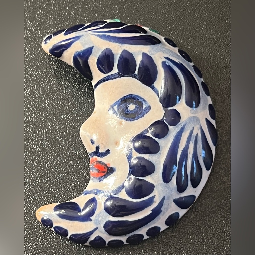 Mexican Talavera Half Moon Hand Painted/Glazed 2 1/2" Pendant